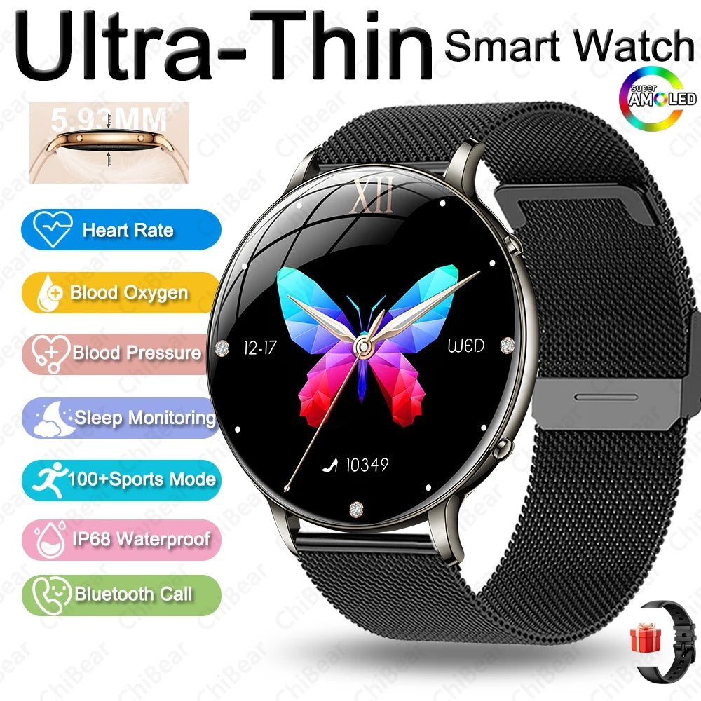 Reloj Inteligente AMOLED Ultrafino para Mujer, Pantalla Siempre Encendida, Linterna LED, Brazalete de Moda, Llamadas por BT, Monitoreo de Salud AANHORA-SHOPPING