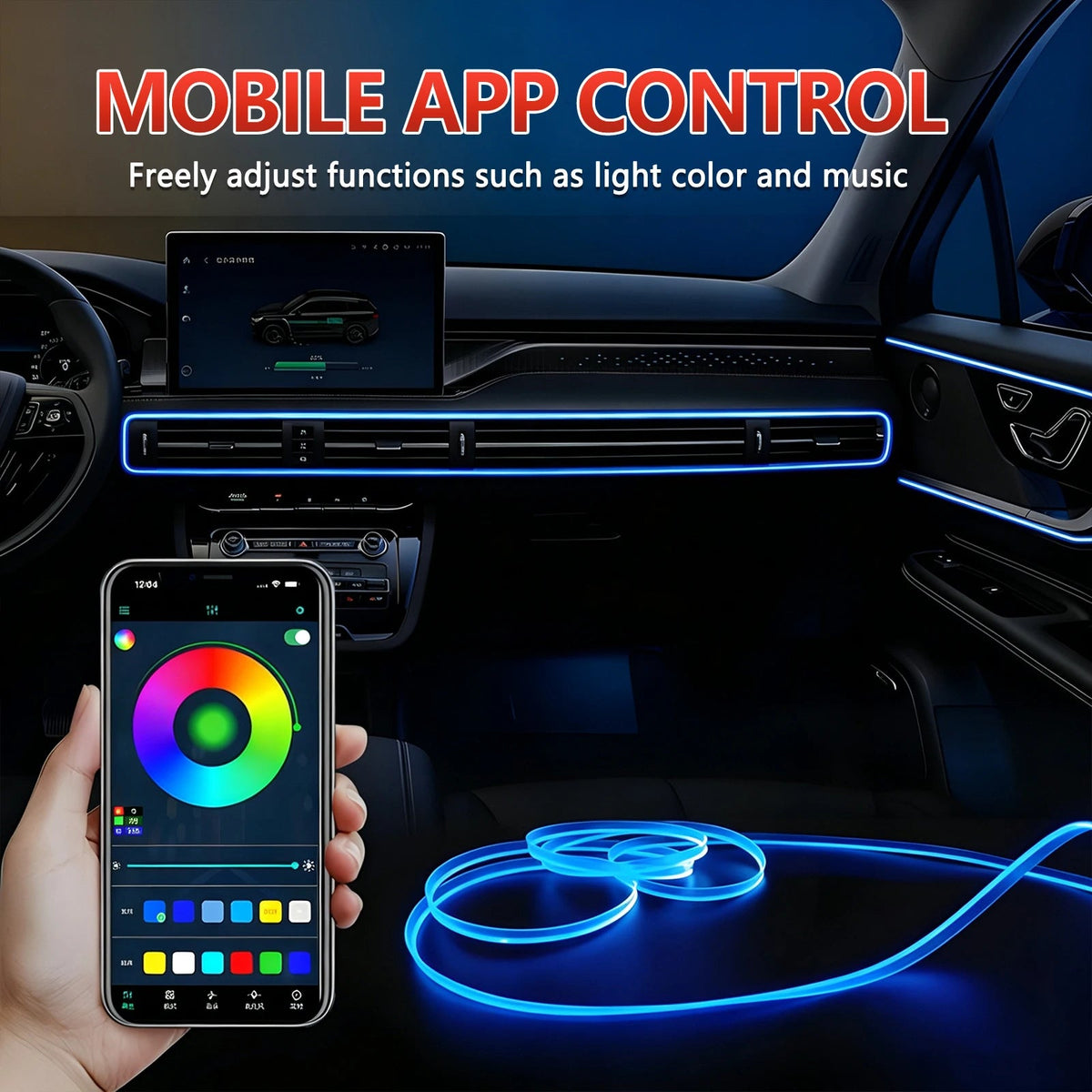 Luz LED de Neón Flexible para el Interior del Automóvil, RGB Multicolor, Activa por Sonido, Control por Aplicación, Tira de Luz Ambiental para el Tablero y Puertas del Auto AANHORA-SHOPPING
