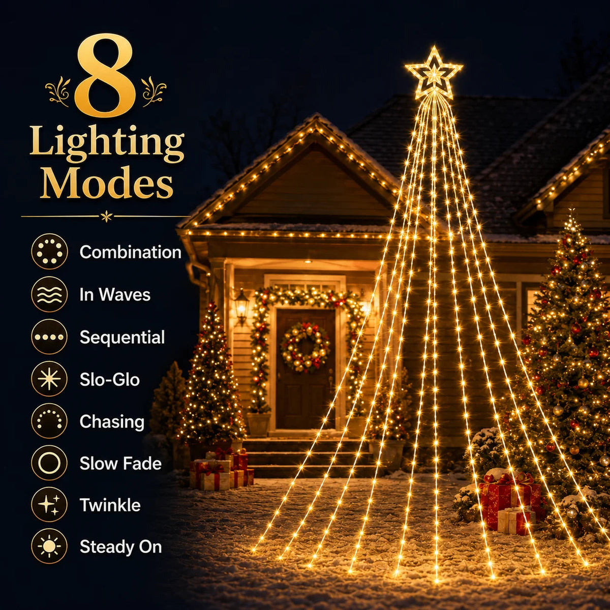 Luces Solares para Árbol de Navidad, Guirnalda de Luces en Cascada con Forma de Estrella, 200/290 LED, 8 Modos, Decoración Navideña para Jardín, Patio, Exteriores AANHORA-SHOPPING