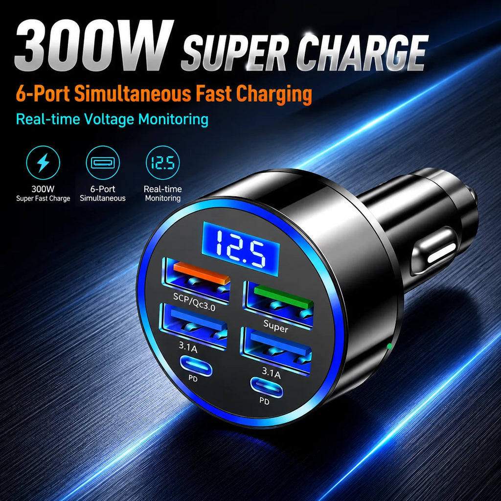 300W 6-Port Car Charger Dual Type-C PD QC3.0 Digital Display Fast Charging for Smartphones Tablets Power Banks Black AANHORA-SHOPPING