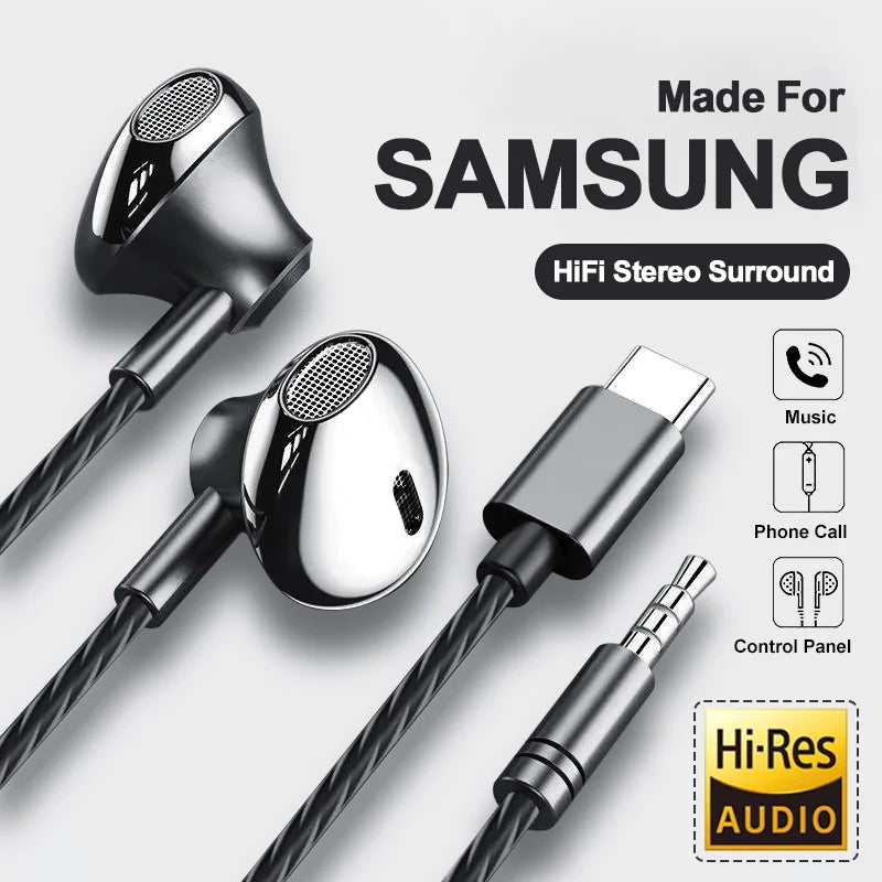 Auriculares USB tipo C HiFi bajo estéreo Control de volumen micrófono 3,5mm auriculares con cable para Galaxy S24 S23 S22 S21 Ultra iPhone 15 Pro Max AANHORA-SHOPPING