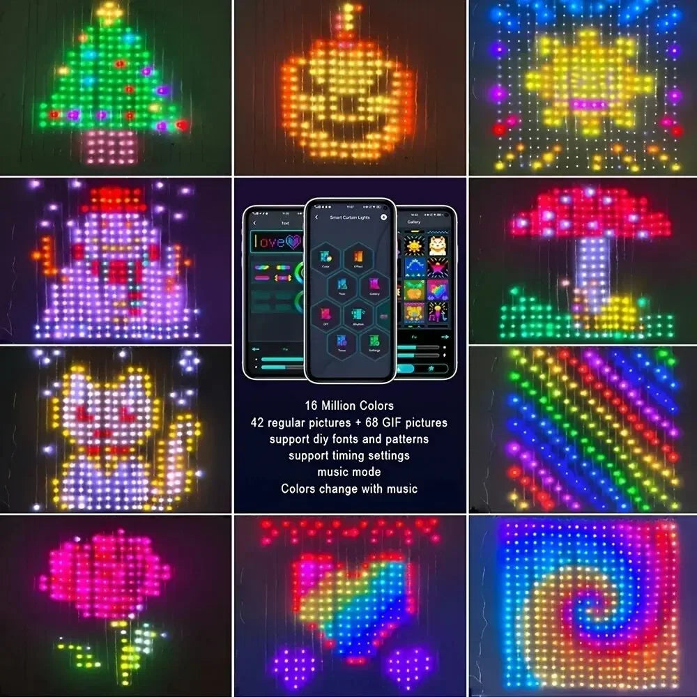 Cortina de luz LED inteligente, Control por aplicación RGB, regulable, patrón DIY, iluminación ambiental musical para el hogar, fiesta, decoración navideña AANHORA-SHOPPING