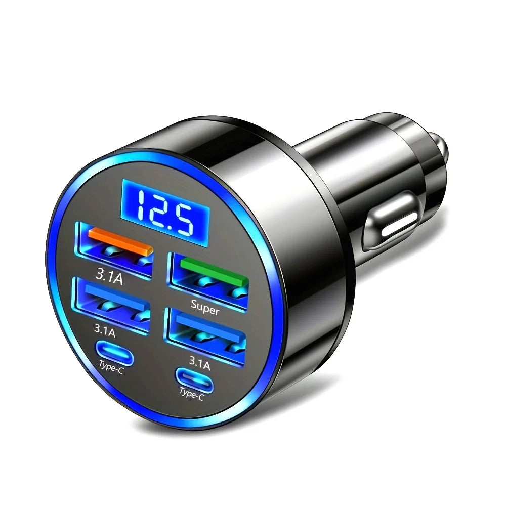 6-in-1 Fast Charging Car Adapter 3.1A Dual Type-C Digital Display Smartphones Tablets Power Banks Black Portable Charger AANHORA-SHOPPING