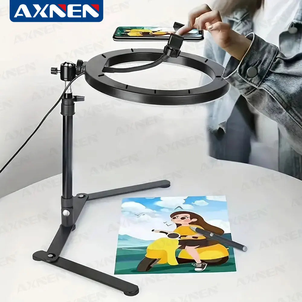 Desktop Foldable Overhead Tripod with Ring Light for Smartphone with Phone Holder Photography Table Stand Live Photo Video Shot AANHORA-SHOPPING