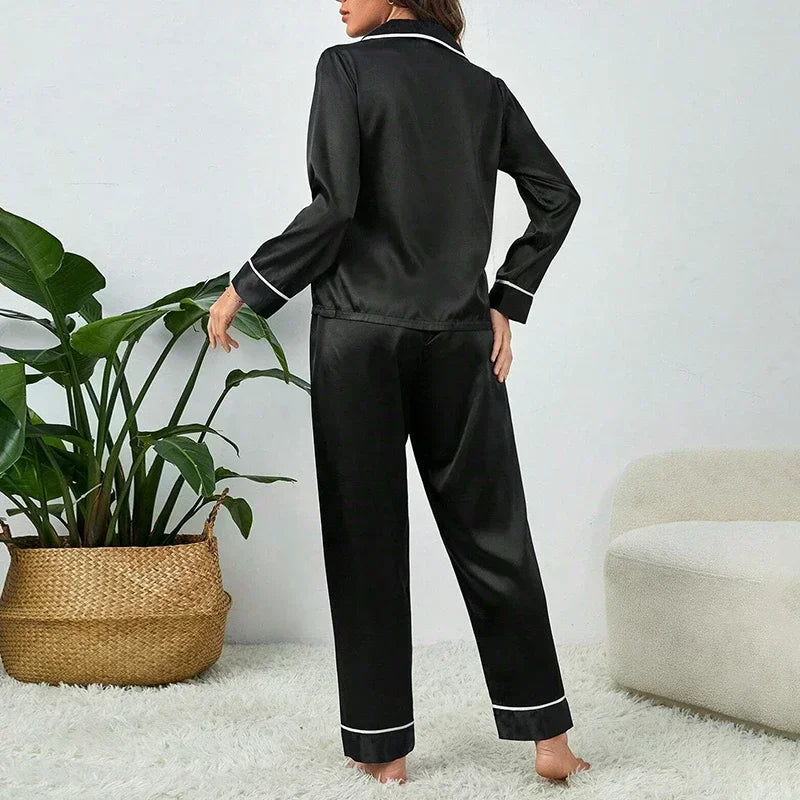 Conjunto de pijamas de seda para mujer, ropa de dormir informal suave, camisa larga, Tops y pantalones largos, cárdigan, ropa de dormir para el hogar, primavera y otoño AANHORA-SHOPPING