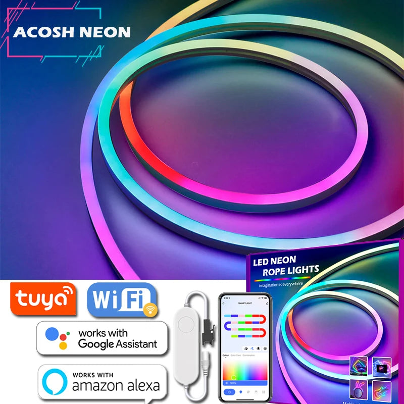 Tira de luces LED de neón, cinta Flexible con WiFi, Control por voz, 12V, RGBIC, color de ensueño, impermeable, efecto de búsqueda, Tuya, 3-20M AANHORA-SHOPPING