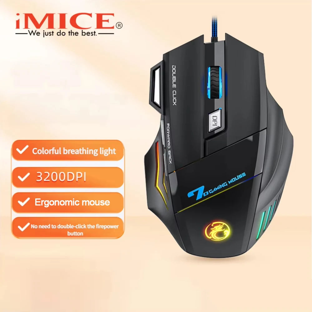 Ratón óptico con cable para juegos, retroiluminación RGB, 3200 DPI, ajustable, 4 botones, diseño ergonómico, ideal para PC, ordenador, portátil y tableta. AANHORA-SHOPPING
