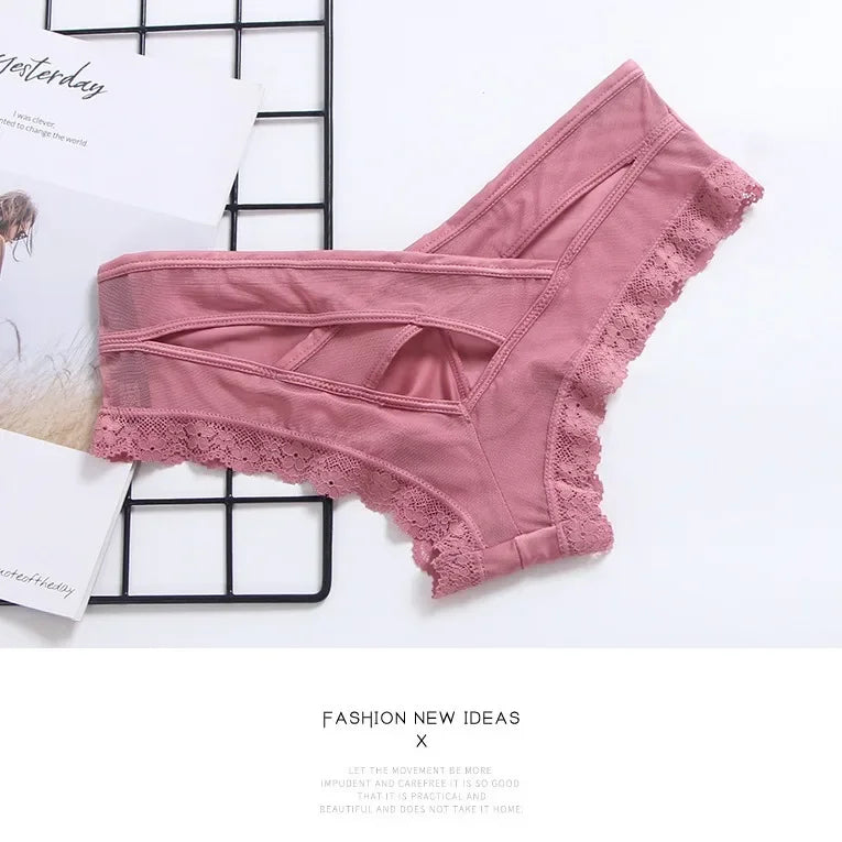 Ropa interior Sexy calada de satén romántico europeo para mujer, bragas de encaje de malla con cinturón cruzado, bragas cómodas en la entrepierna de algodón, lencería AANHORA-SHOPPING