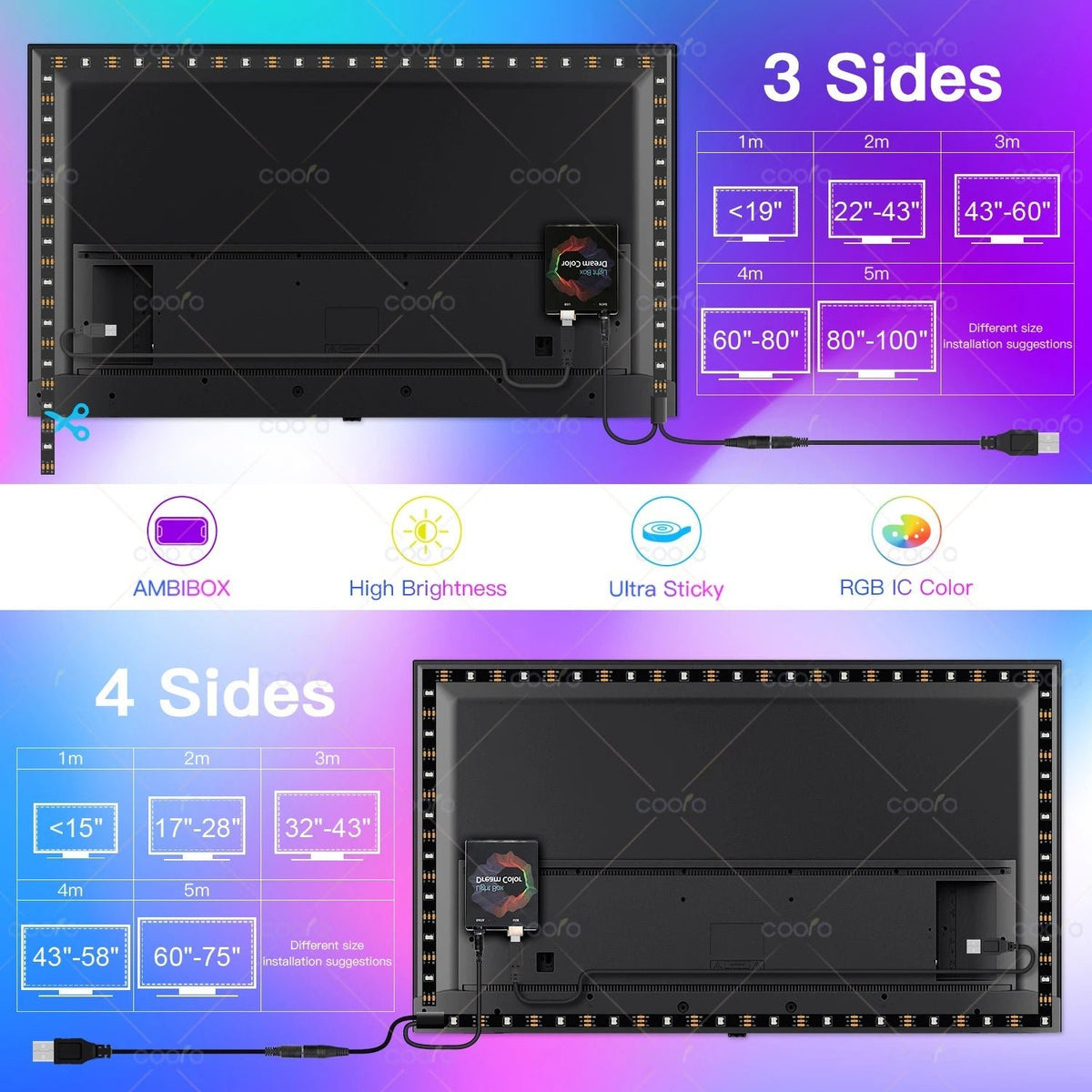 Tira LED Ambilight para TV y Monitor con Sincronización de Color, USB - AANHORA-SHOPPING